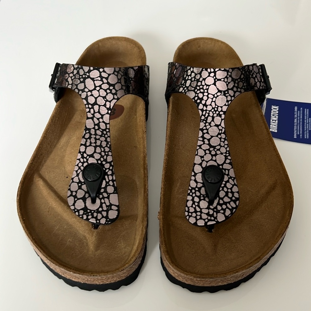Birkenstock Pink and Black Patterned Gizeh Thong Sandals